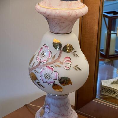 Vintage Hand Painted Gold White & Pink Floral MILK GLASS LAMP Metal Base