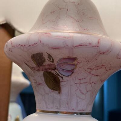 Vintage Hand Painted Gold White & Pink Floral MILK GLASS LAMP Metal Base