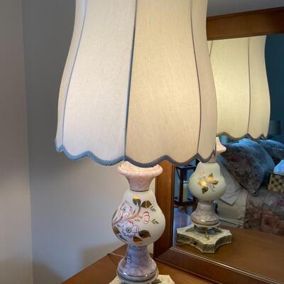 Vintage Hand Painted Gold White & Pink Floral MILK GLASS LAMP Metal Base