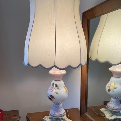 Vintage Hand Painted Gold White & Pink Floral MILK GLASS LAMP Metal Base