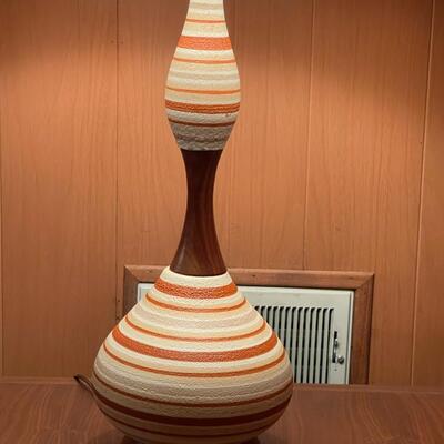 Mid-Century Modern Textured Ceramic and Walnut Lamp