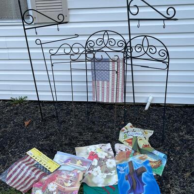 Lot of Garden Flags and Holders