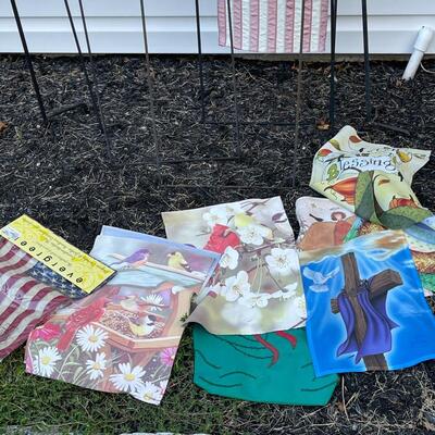 Lot of Garden Flags and Holders