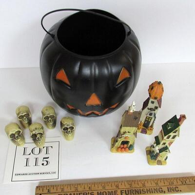 Halloween Black JOL Blowmold Bucket, Skulls, Resin Houses