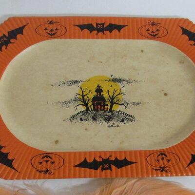 Vintage Halloween Lot: Luhrs JOL, Paper Plate, Napkin, Feather Mask