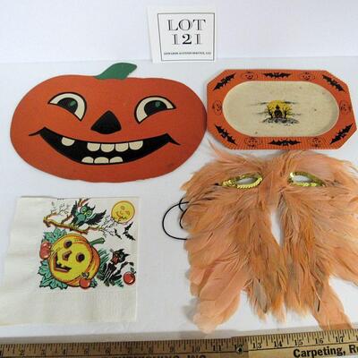 Vintage Halloween Lot: Luhrs JOL, Paper Plate, Napkin, Feather Mask