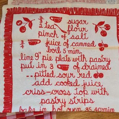 Lot 21: Vintage Red & White Tablecloth w/ Placemats, Red & White Check Tablecloth & Cherry Pie Kitchen Tea Towel
