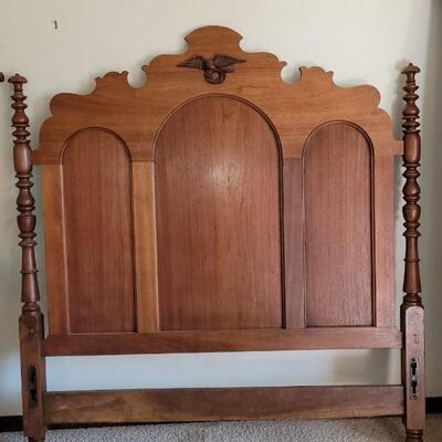 Lot 24: Antique Full Size Bed with Carved Walnut Bird and Spindle Posts