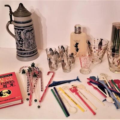 Lot #234  Large Bar Lot - glasses, swizzle sticks, German Stein, etc