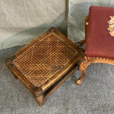 Cane seat stool & Needlepoint Ottoman