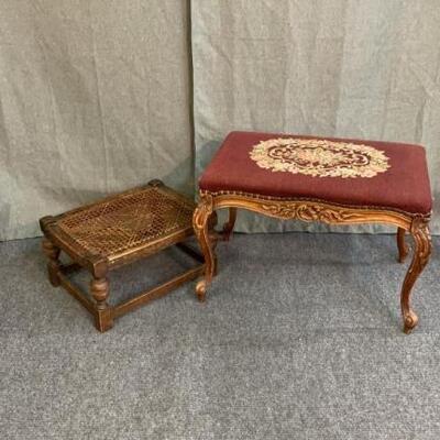 Cane seat stool & Needlepoint Ottoman
