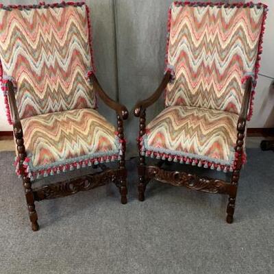 Pair Renaissance Revival Open Armchairs