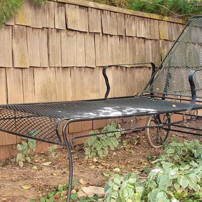 Lot 68: Vintage Metal Wrought Iron Reclining Garden Lounger w/ Adjustable Recline and Wheels