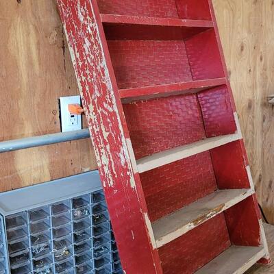 Lot 83: Vintage Wood Red Chippy Woven Backdrop Storage Shelf