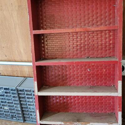 Lot 83: Vintage Wood Red Chippy Woven Backdrop Storage Shelf