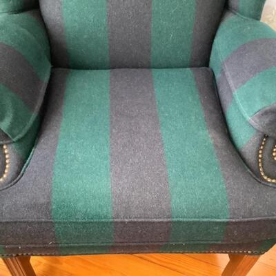 F500 Pair of Vintage Navy & Green Wool Striped Arm Chairs by LEE