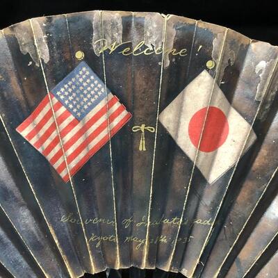 Antique 1935 Kyoto Japan Souvenir USA Flags Decorative Fan