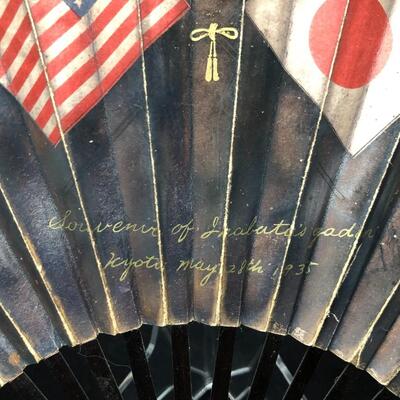 Antique 1935 Kyoto Japan Souvenir USA Flags Decorative Fan