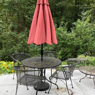 Outdoor Black Metal and Chairs Set with Red Umbrella and Extra Accent Tables