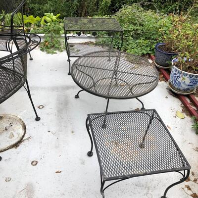 Outdoor Black Metal and Chairs Set with Red Umbrella and Extra Accent Tables
