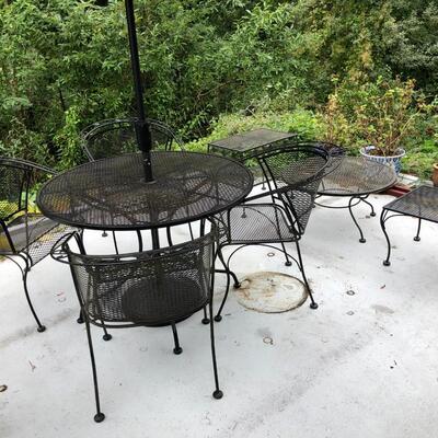 Outdoor Black Metal and Chairs Set with Red Umbrella and Extra Accent Tables