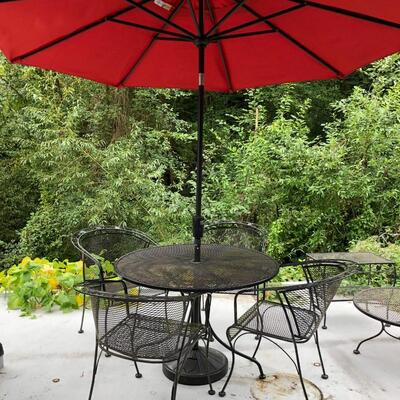 Outdoor Black Metal and Chairs Set with Red Umbrella and Extra Accent Tables