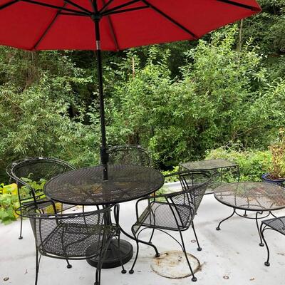 Outdoor Black Metal and Chairs Set with Red Umbrella and Extra Accent Tables