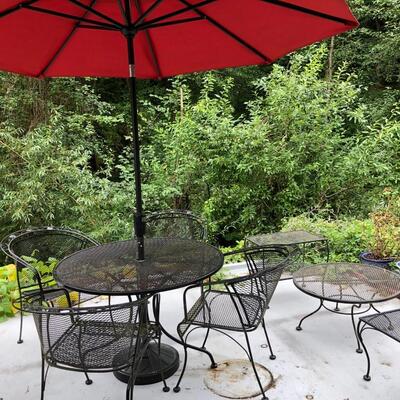 Outdoor Black Metal and Chairs Set with Red Umbrella and Extra Accent Tables