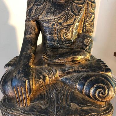 Vintage Carved Wood Buddha Statue in Burmese Style