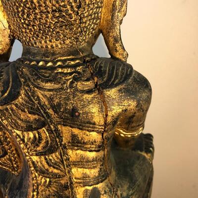 Vintage Carved Wood Buddha Statue in Burmese Style