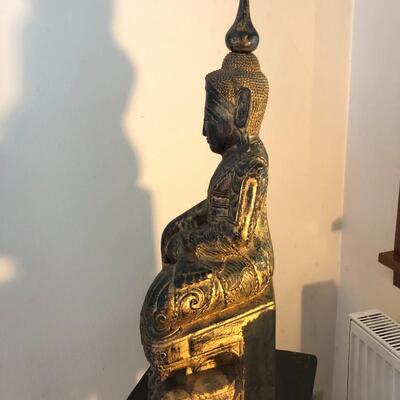 Vintage Carved Wood Buddha Statue in Burmese Style