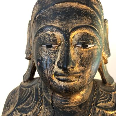 Vintage Carved Wood Buddha Statue in Burmese Style