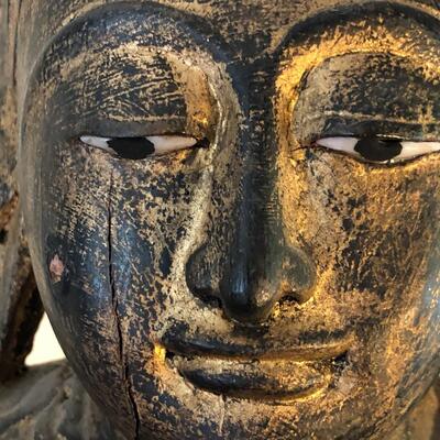 Vintage Carved Wood Buddha Statue in Burmese Style