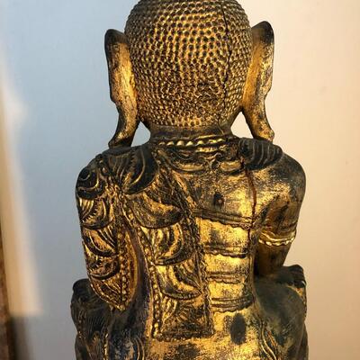 Vintage Carved Wood Buddha Statue in Burmese Style