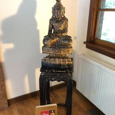 Vintage Carved Wood Buddha Statue in Burmese Style