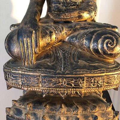 Vintage Carved Wood Buddha Statue in Burmese Style