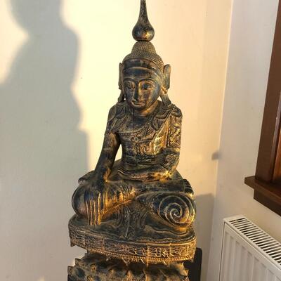 Vintage Carved Wood Buddha Statue in Burmese Style