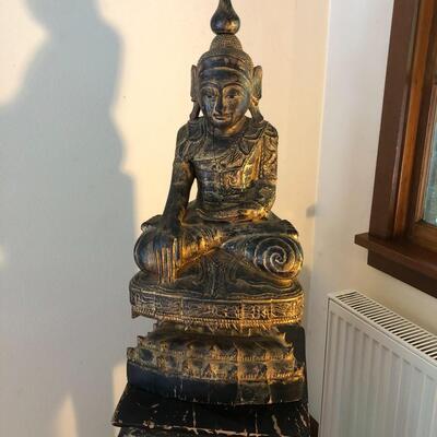 Vintage Carved Wood Buddha Statue in Burmese Style
