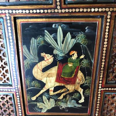 Antique Carved Wood Hand Painted Indian Rajasthani 4 Panel Screen