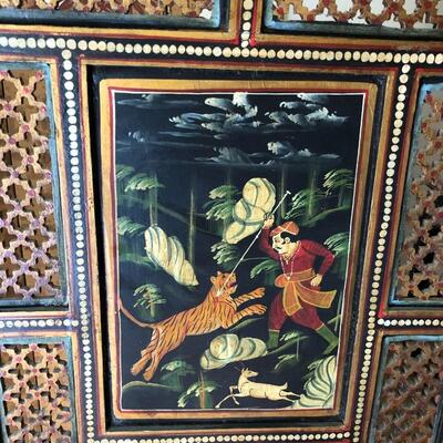 Antique Carved Wood Hand Painted Indian Rajasthani 4 Panel Screen