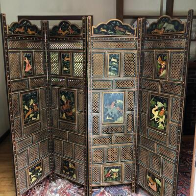 Antique Carved Wood Hand Painted Indian Rajasthani 4 Panel Screen