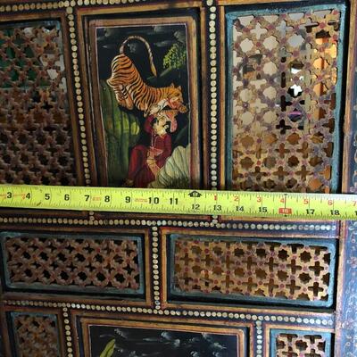 Antique Carved Wood Hand Painted Indian Rajasthani 4 Panel Screen