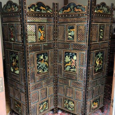 Antique Carved Wood Hand Painted Indian Rajasthani 4 Panel Screen