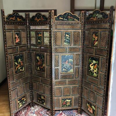 Antique Carved Wood Hand Painted Indian Rajasthani 4 Panel Screen
