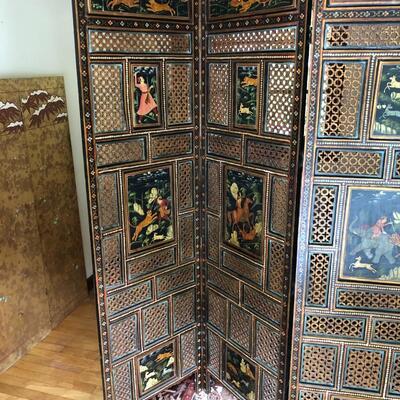 Antique Carved Wood Hand Painted Indian Rajasthani 4 Panel Screen