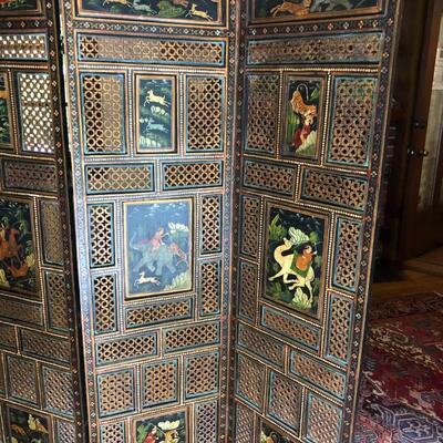 Antique Carved Wood Hand Painted Indian Rajasthani 4 Panel Screen