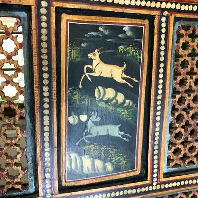 Antique Carved Wood Hand Painted Indian Rajasthani 4 Panel Screen