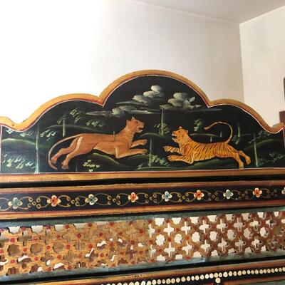 Antique Carved Wood Hand Painted Indian Rajasthani 4 Panel Screen
