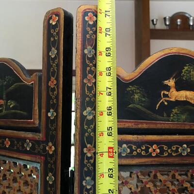 Antique Carved Wood Hand Painted Indian Rajasthani 4 Panel Screen
