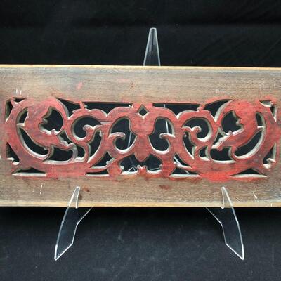 Antique Chinese Temple Carving Wall Panel in Red Gold and Black